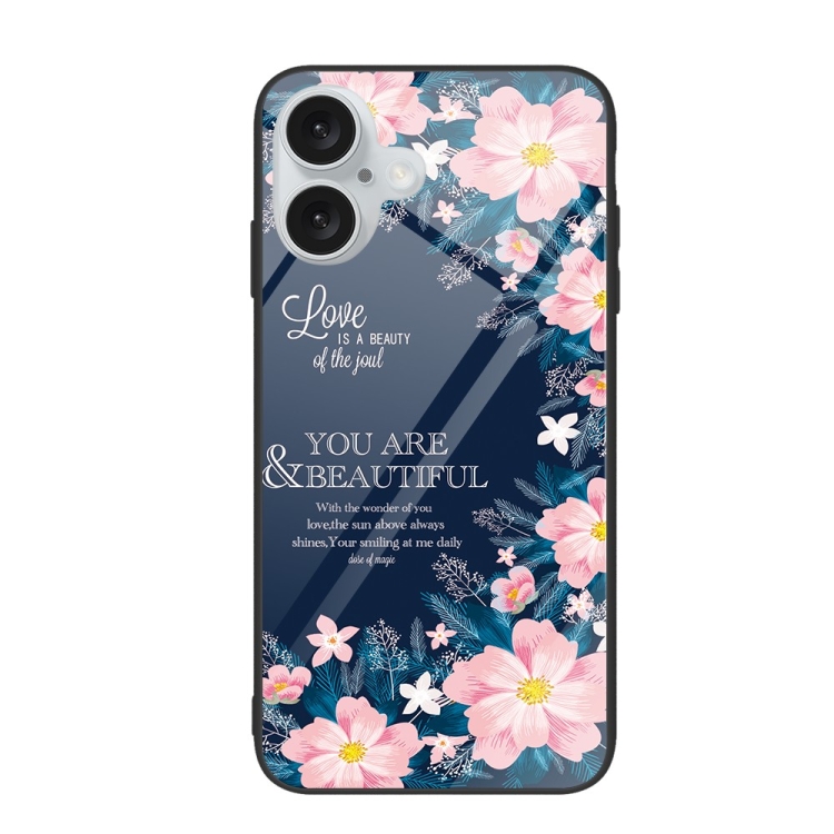 For iPhone 16 Plus Colorful Painted Glass Phone Case(Flower)