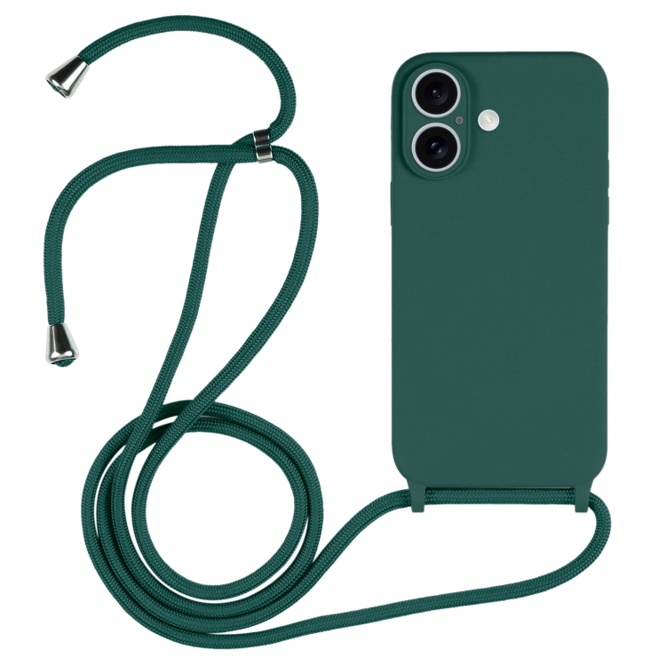 For iPhone 16 Plus Crossbody Lanyard Liquid Silicone Case (Clover Green)
