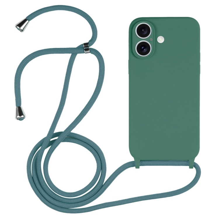 For iPhone 16 Plus Crossbody Lanyard Liquid Silicone Case (Pine Needle Green)