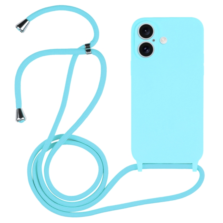 For iPhone 16 Plus Crossbody Lanyard Liquid Silicone Case(Ice Blue)
