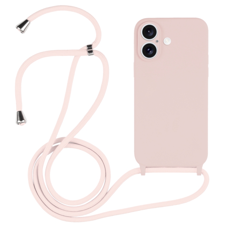 For iPhone 16 Plus Crossbody Lanyard Liquid Silicone Case(Sand Pink)