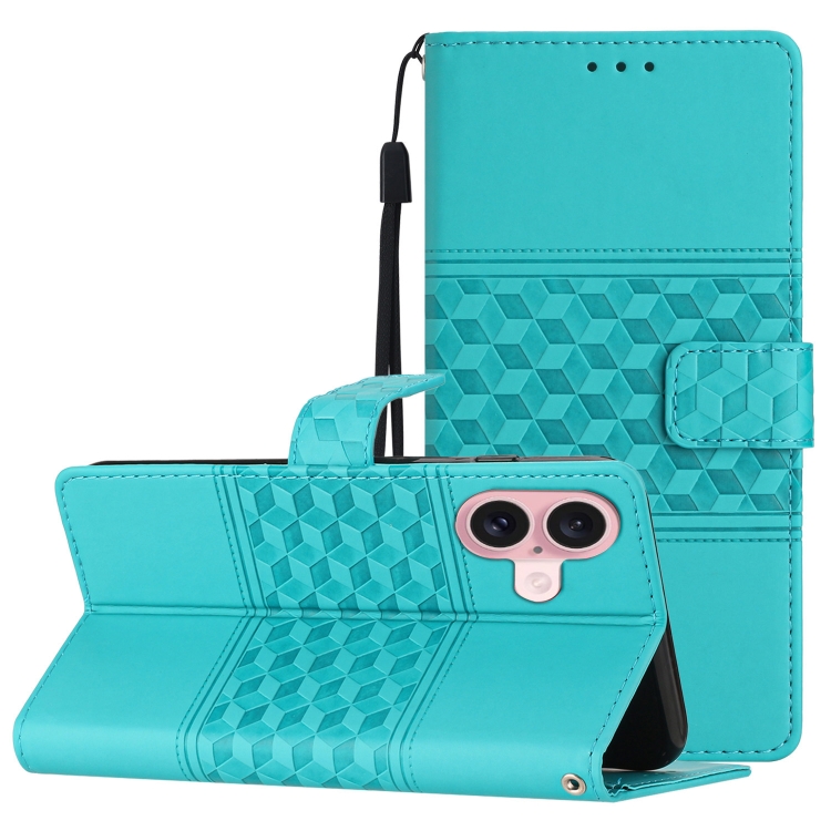 For iPhone 16 Plus Diamond Embossed Skin Feel Leather Phone Case(Blue)