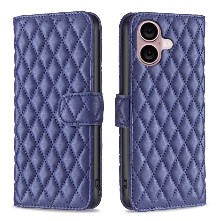 For iPhone 16 Plus Diamond Lattice Wallet Flip Leather Phone Case(Blue)