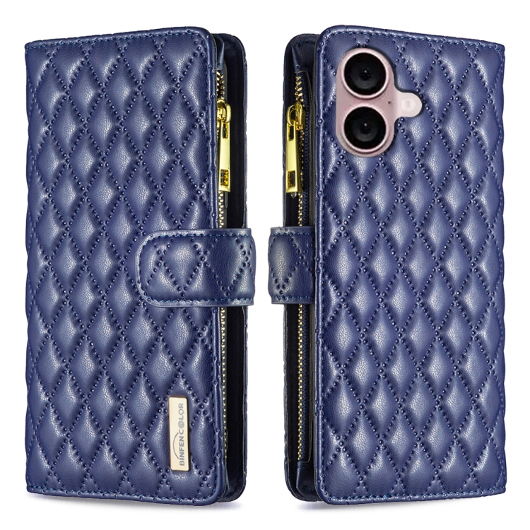 For iPhone 16 Plus Diamond Lattice Zipper Wallet Leather Flip Phone Case(Blue)