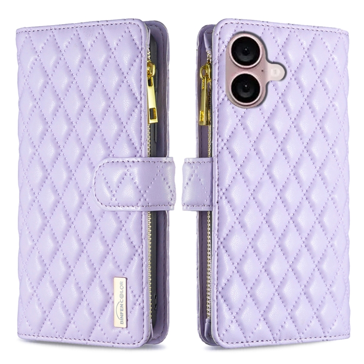 For iPhone 16 Plus Diamond Lattice Zipper Wallet Leather Flip Phone Case(Purple)