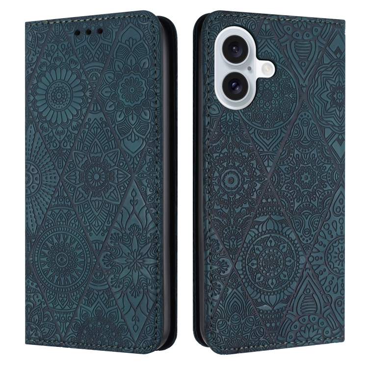 For iPhone 16 Plus Ethnic Embossed Adsorption Leather Phone Case(Blue)