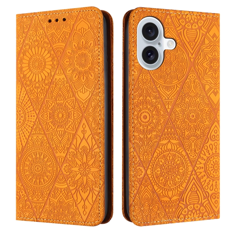 For iPhone 16 Plus Ethnic Embossed Adsorption Leather Phone Case(Yellow)