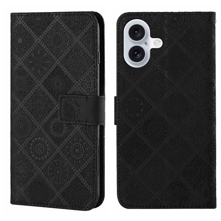 For iPhone 16 Plus Ethnic Style Embossed Pattern Leather Phone Case(Black)