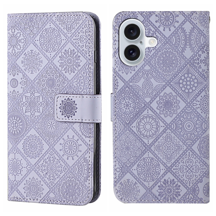 For iPhone 16 Plus Ethnic Style Embossed Pattern Leather Phone Case(Purple)