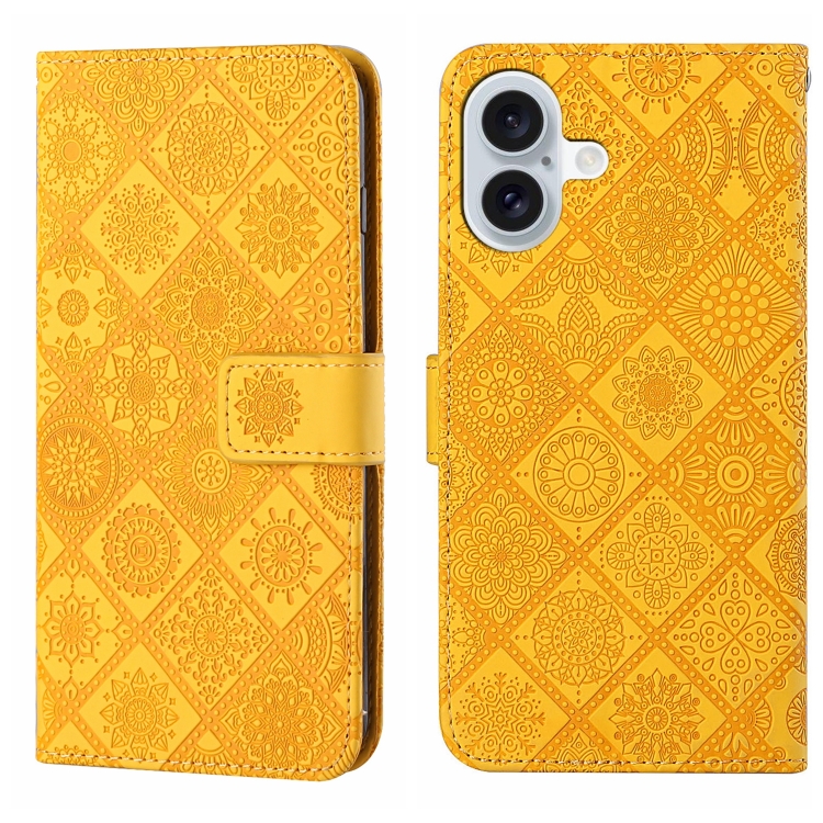 For iPhone 16 Plus Ethnic Style Embossed Pattern Leather Phone Case(Yellow)