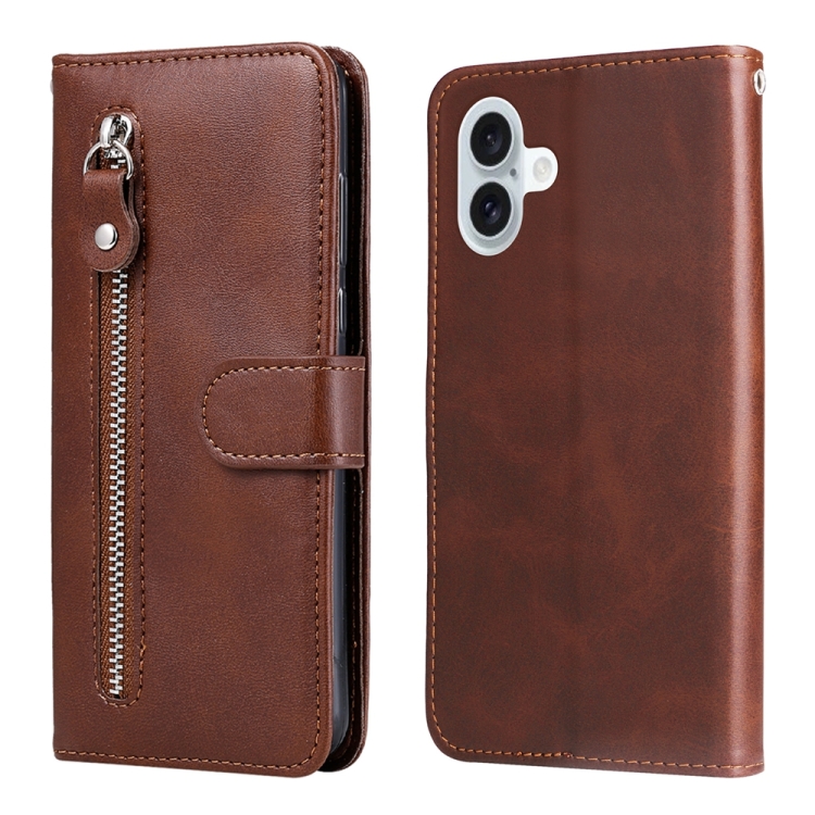 For iPhone 16 Plus Fashion Calf Texture Zipper Leather Phone Case(Brown)