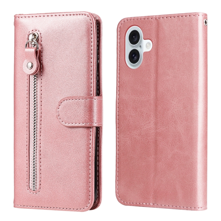 For iPhone 16 Plus Fashion Calf Texture Zipper Leather Phone Case(Rose Gold)