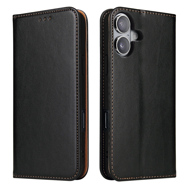 For iPhone 16 Plus Fierre Shann PU Genuine Leather Texture Phone Case(Black)