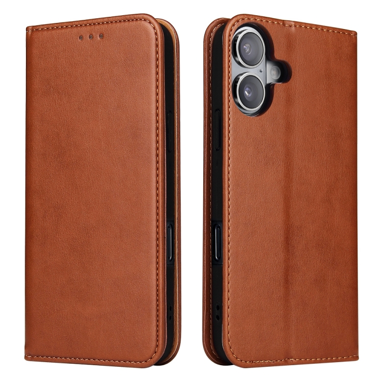For iPhone 16 Plus Fierre Shann PU Genuine Leather Texture Phone Case(Brown)