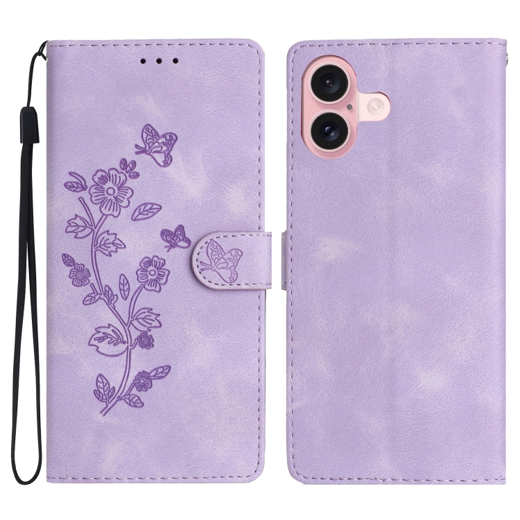 For iPhone 16 Plus Flower Butterfly Embossing Pattern Leather Phone Case(Purple)