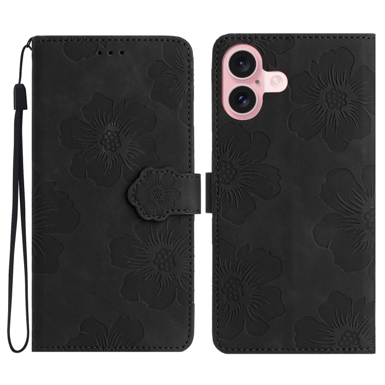 For iPhone 16 Plus Flower Embossing Pattern Leather Phone Case(Black)