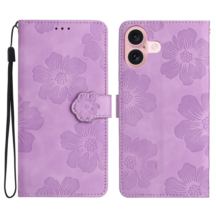 For iPhone 16 Plus Flower Embossing Pattern Leather Phone Case(Purple)