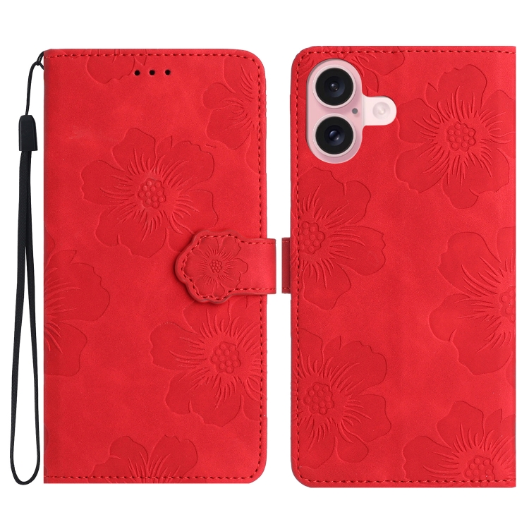 For iPhone 16 Plus Flower Embossing Pattern Leather Phone Case(Red)