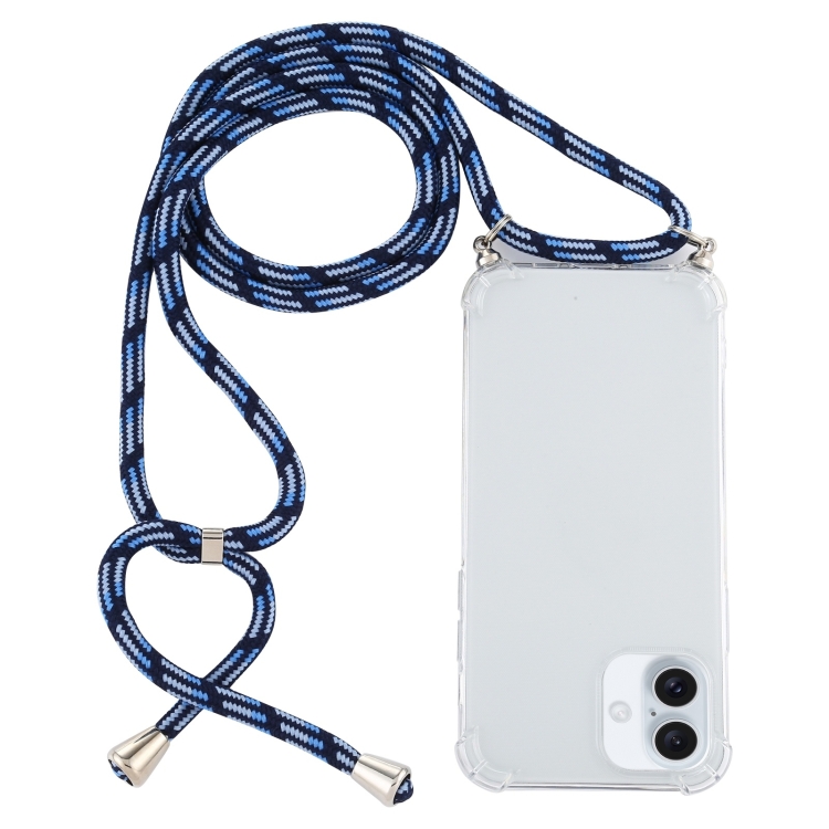 For iPhone 16 Plus Four-Corner Shockproof Transparent TPU Case with Lanyard(Blue White)