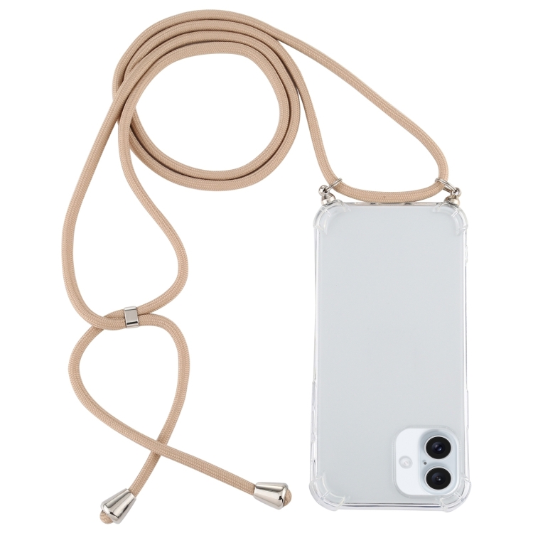 For iPhone 16 Plus Four-Corner Shockproof Transparent TPU Case with Lanyard(Gold)