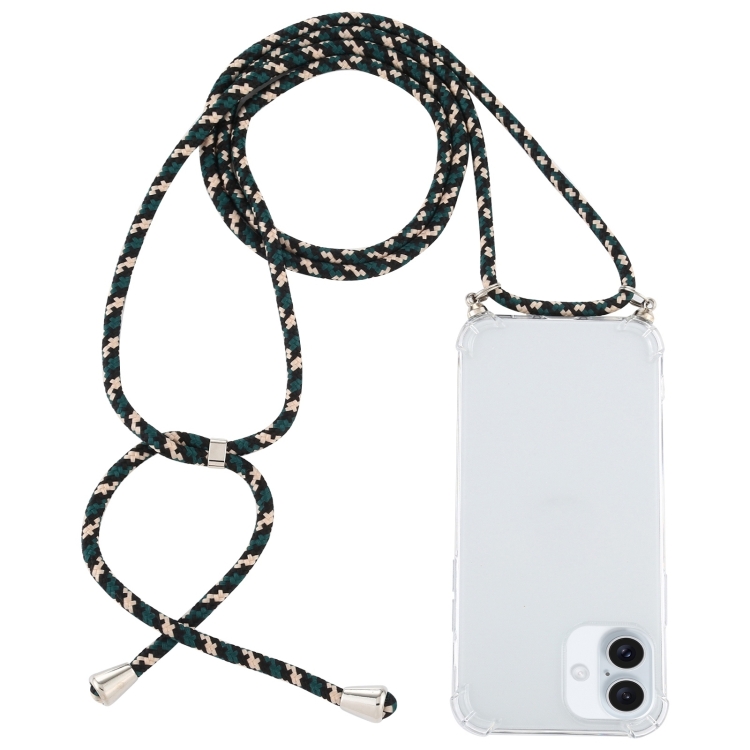 For iPhone 16 Plus Four-Corner Shockproof Transparent TPU Case with Lanyard(Green Black)