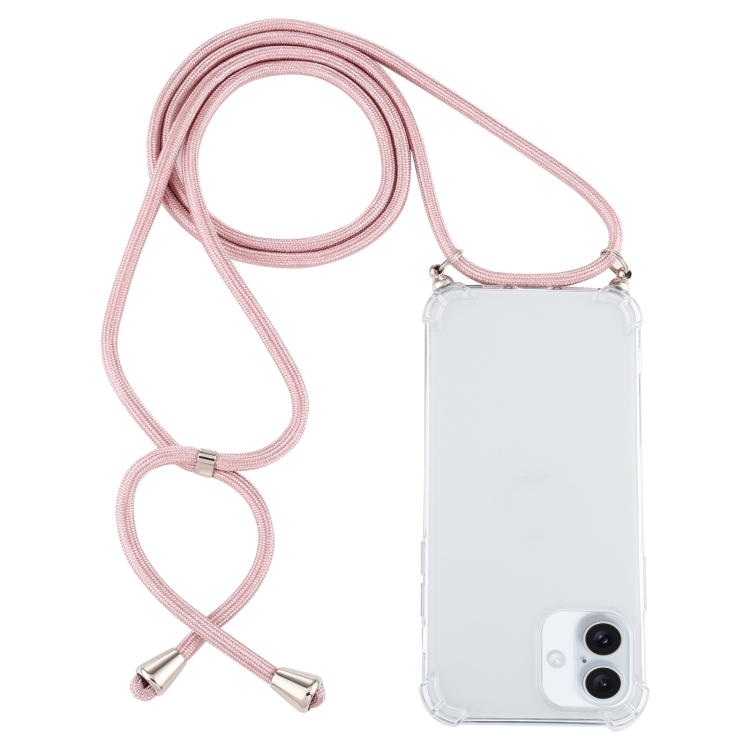 For iPhone 16 Plus Four-Corner Shockproof Transparent TPU Case with Lanyard(Pink)