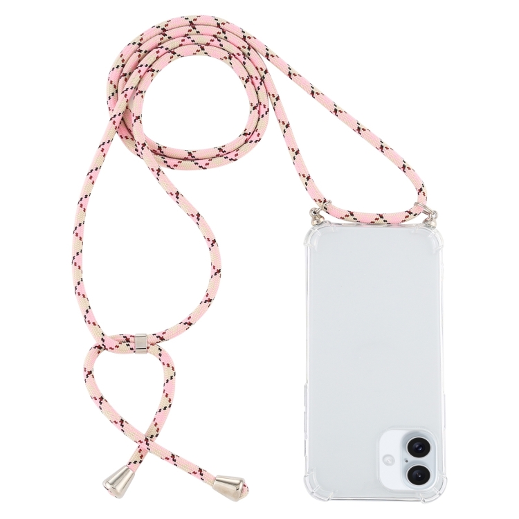 For iPhone 16 Plus Four-Corner Shockproof Transparent TPU Case with Lanyard(Pink Yellow)