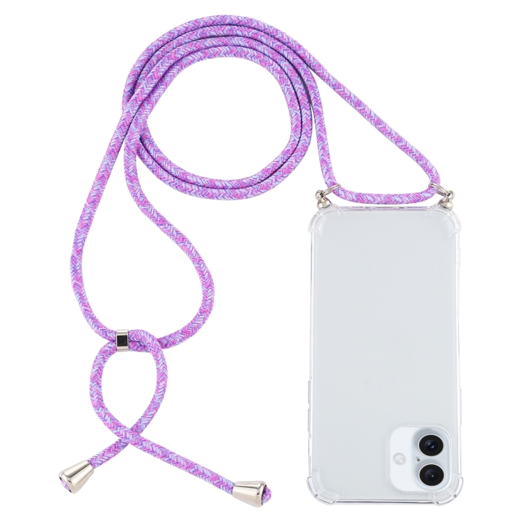 For iPhone 16 Plus Four-Corner Shockproof Transparent TPU Case with Lanyard(Purple)