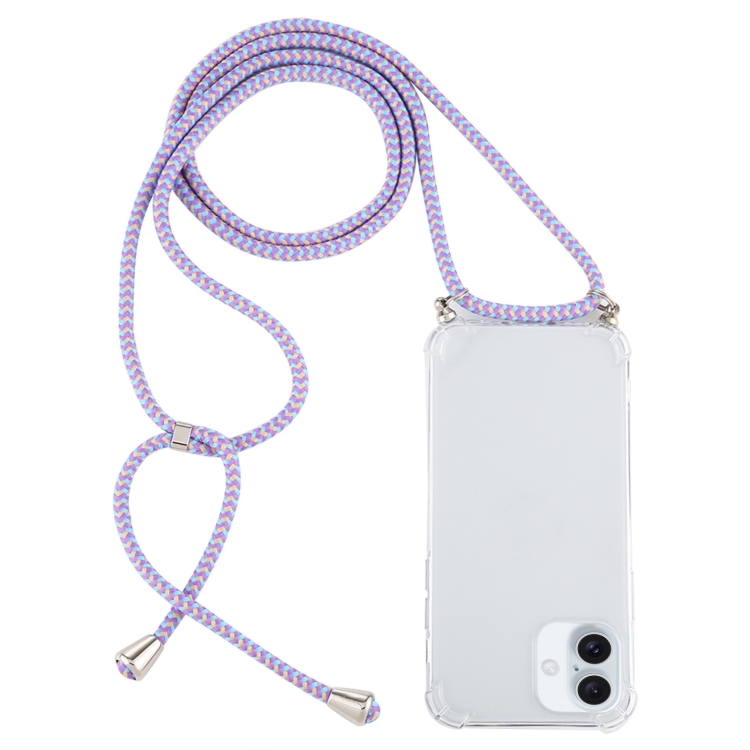 For iPhone 16 Plus Four-Corner Shockproof Transparent TPU Case with Lanyard(Purple Blue Yellow)