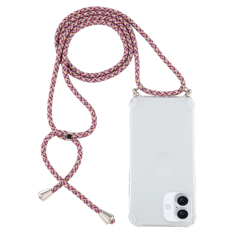 For iPhone 16 Plus Four-Corner Shockproof Transparent TPU Case with Lanyard(Purple Red)
