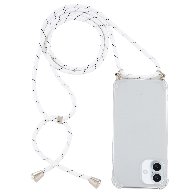 For iPhone 16 Plus Four-Corner Shockproof Transparent TPU Case with Lanyard(White Black)
