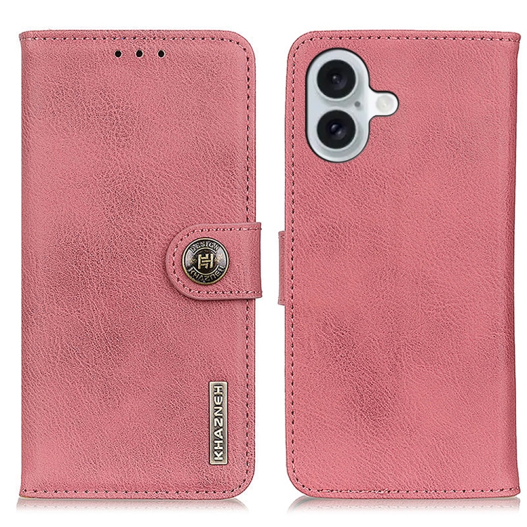 For iPhone 16 Plus KHAZNEH Cowhide Texture Horizontal Flip Leather Phone Case(Pink)