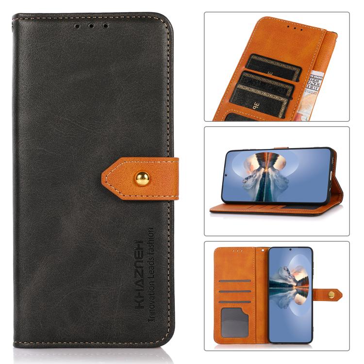 For iPhone 16 Plus KHAZNEH Dual-color Cowhide Texture Flip Leather Phone Case(Black)