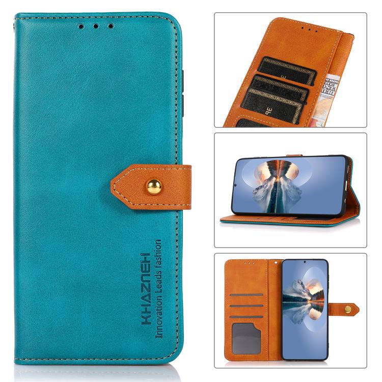 For iPhone 16 Plus KHAZNEH Dual-color Cowhide Texture Flip Leather Phone Case(Blue)