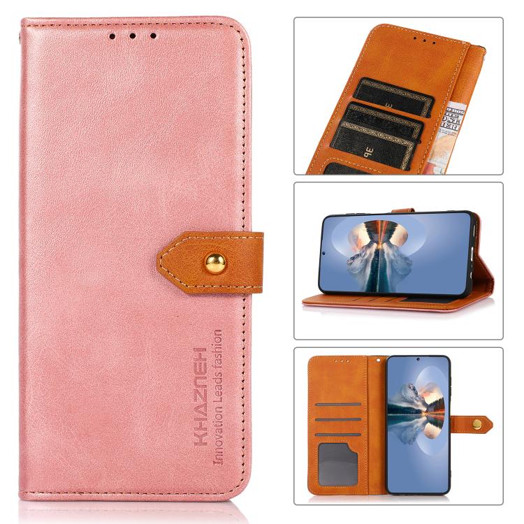 For iPhone 16 Plus KHAZNEH Dual-color Cowhide Texture Flip Leather Phone Case(Rose Gold)
