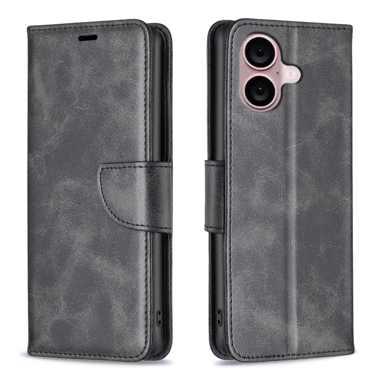 For iPhone 16 Plus Lambskin Texture Pure Color Flip Leather Phone Case(Black)