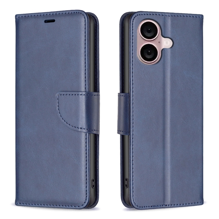 For iPhone 16 Plus Lambskin Texture Pure Color Flip Leather Phone Case(Blue)