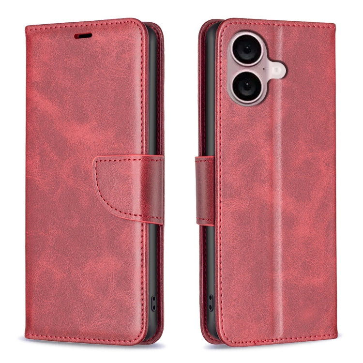 For iPhone 16 Plus Lambskin Texture Pure Color Flip Leather Phone Case(Red)