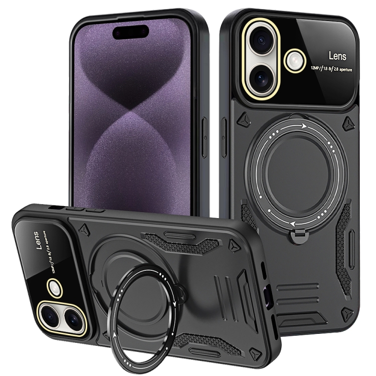 For iPhone 16 Plus Large Window MagSafe Holder Phone Case(Black)