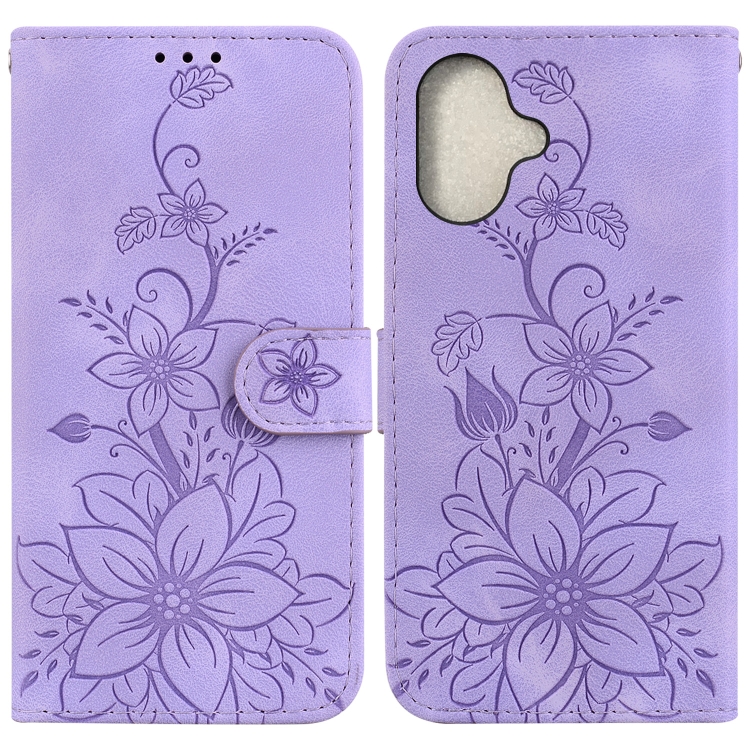 For iPhone 16 Plus Lily Embossed Leather Phone Case(Purple)