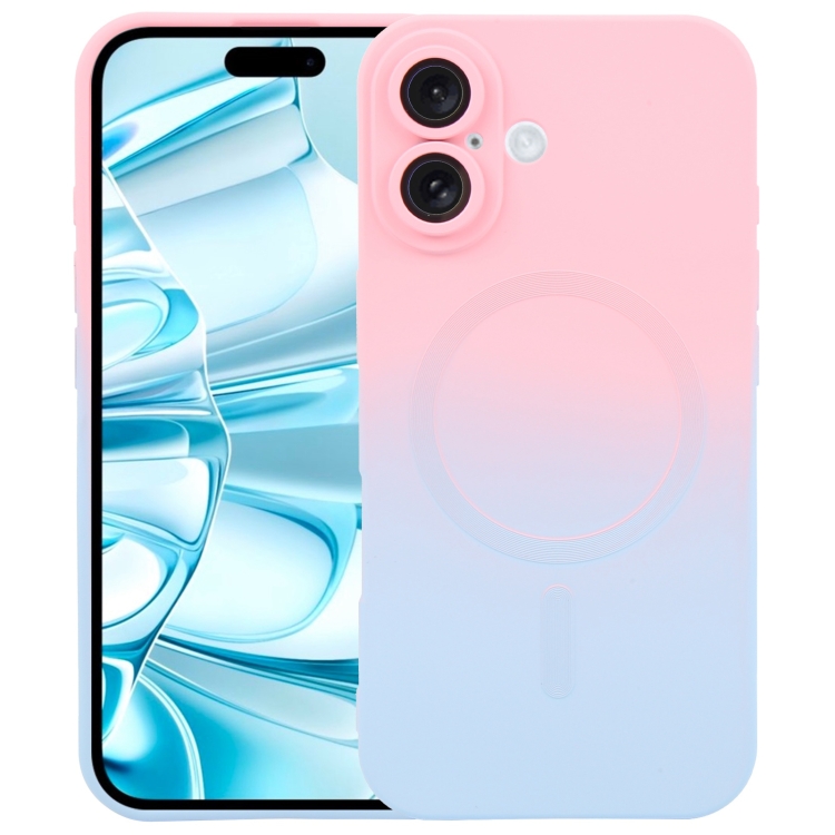For iPhone 16 Plus Liquid TPU Silicone Gradient MagSafe Phone Case(Pink Blue)