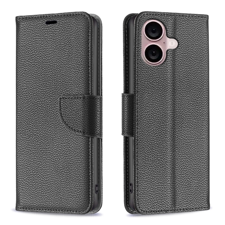For iPhone 16 Plus Litchi Texture Pure Color Flip Leather Phone Case(Black)