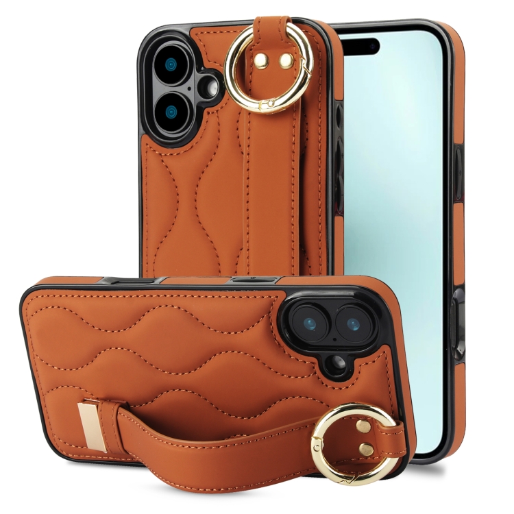 For iPhone 16 Plus Non-slip Full Coverage Ring PU Phone Case with Wristband(Brown)