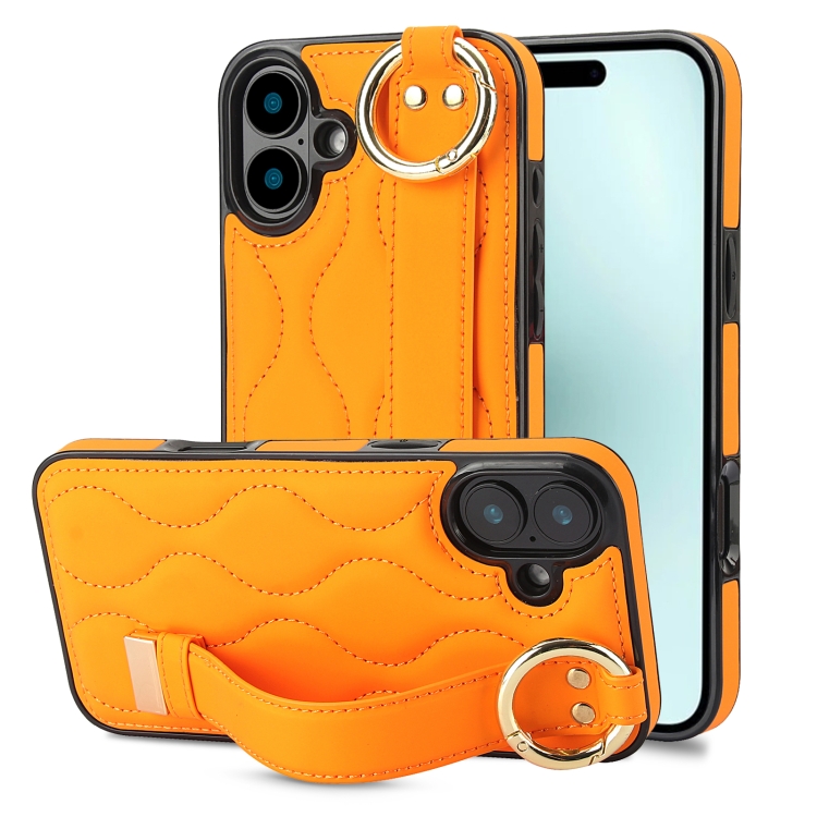 For iPhone 16 Plus Non-slip Full Coverage Ring PU Phone Case with Wristband(Orange)