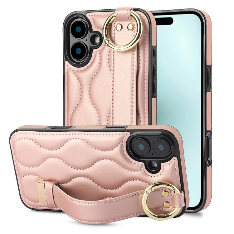 For iPhone 16 Plus Non-slip Full Coverage Ring PU Phone Case with Wristband(Rose Gold)