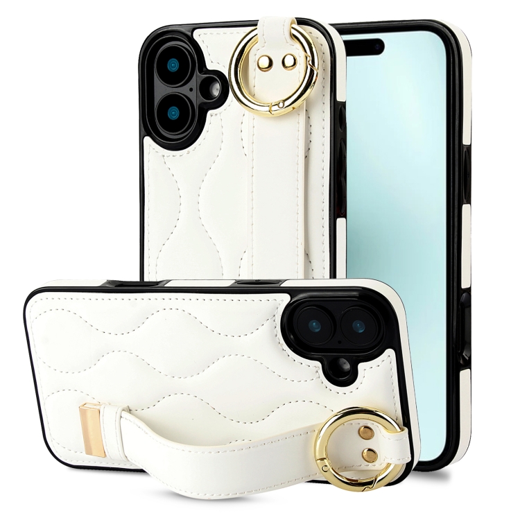 For iPhone 16 Plus Non-slip Full Coverage Ring PU Phone Case with Wristband(White)
