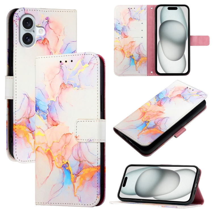 For iPhone 16 Plus PT003 Marble Pattern Flip Leather Phone Case(Galaxy Marble White)
