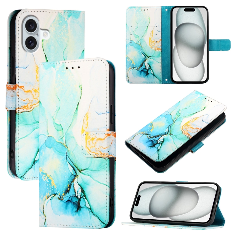 For iPhone 16 Plus PT003 Marble Pattern Flip Leather Phone Case(Green)