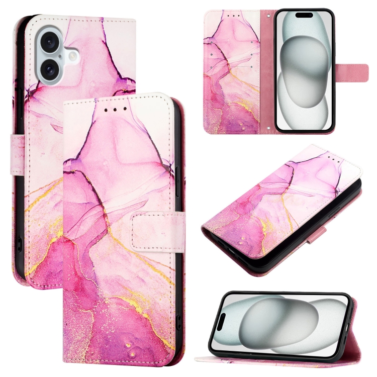 For iPhone 16 Plus PT003 Marble Pattern Flip Leather Phone Case(Pink Purple Gold)