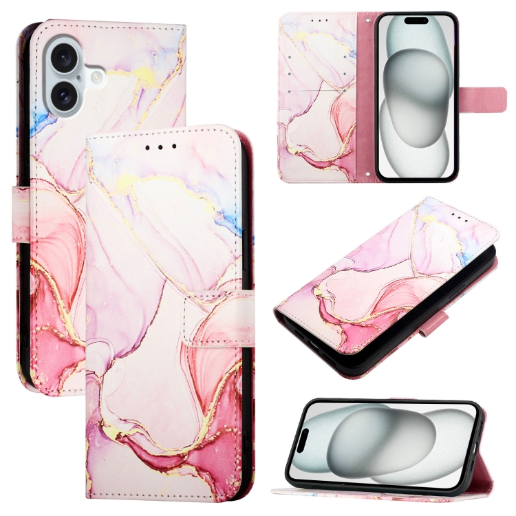 For iPhone 16 Plus PT003 Marble Pattern Flip Leather Phone Case(Rose Gold)